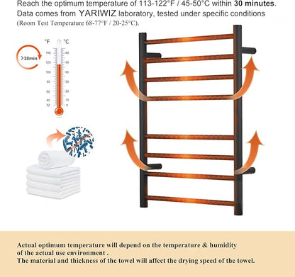 (1 Pack Yariwiz) Electric Towel Warmer for Bathroom Wall Mounted Drying Rack Plug-in Electric Heated Towel Rack Stainless Steel Round 8 Bars Bath Towel Heater Black