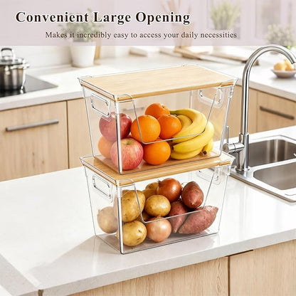 2 Pack Trash Bag Dispenser with Bamboo Lid, Stackable Trash Bag Holder, Large Clear Garbage Bag Organizer for 4-33 Gal Bags, Space-Saving Under Sink Organizer for Kitchen, Laundry, Pantry