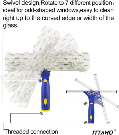 Window Washing Kit with Extension Pole, 10" Squeegee & 11" Microfiber Scrubber Combi with Stainless Steel Pole, Window Cleaner for Car, Sliding Door,Shower Glass Door-Swivel Style-2 Pads