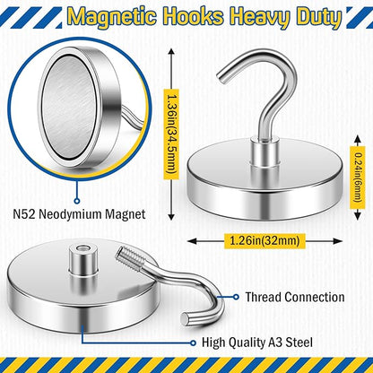 FINDMAG Magnetic Hooks, 110lbs Heavy Duty Magnetic Hooks for Hanging, Extra Strong Magnet Hooks, N52 Magnet Hooks for Cruise Travel, (6 Pack, Silver)