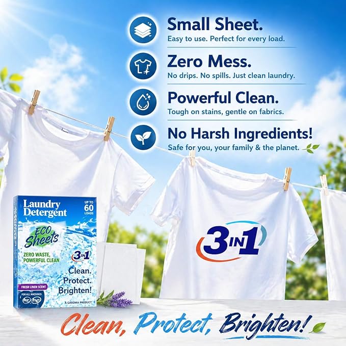 Laundry Detergent Sheets – 180 Eco Laundry Sheets Detergent, Travel Laundry Soap Sheets, Washer Sheets Detergent, Ultra Concentrated, Plastic-Free, Fresh Clean, 180 Sheets