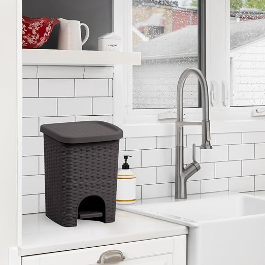 Superio 2-Pack Mini 6L Step Pedal Trash Can - Wicker Design, Hidden Mechanism, Durable Plastic, Ideal for Desktop, Countertop, Pet Waste/Dog Poop- Brown
