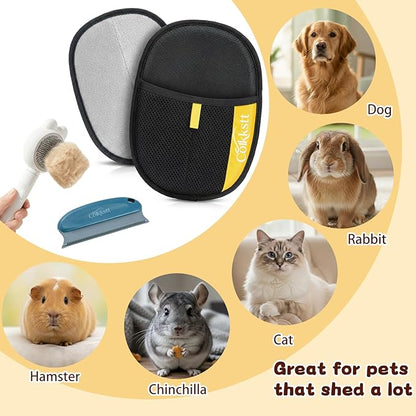 5Pcs Pet Hair Remover Glove Kit for Dogs & Cats - 2 Pack Grooming Gloves & Rubber Brush & Comb - Reusable Pet Hair Remover for Laundry for Furniture Carpet Car Interior Couch Bedding Auto Detailing