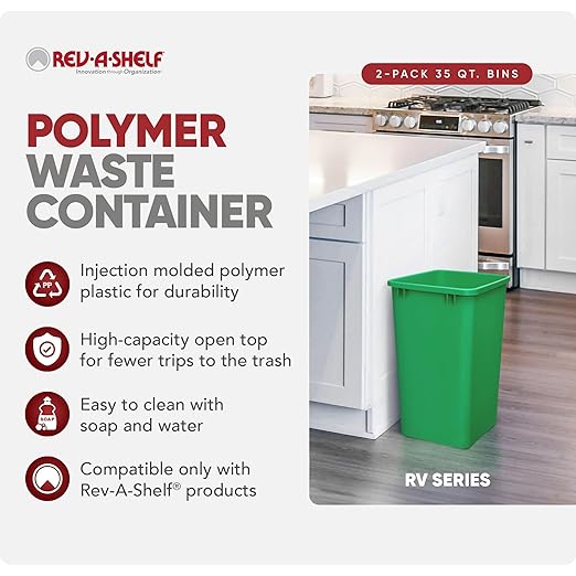 Rev-A-Shelf 35 qt Polymer Replacement Waste Container for Rev-A-Shelf Pullouts, Kitchen Cabinet Trash Can Recycle Bin, RV-35-19-2, Green (2-Pack)