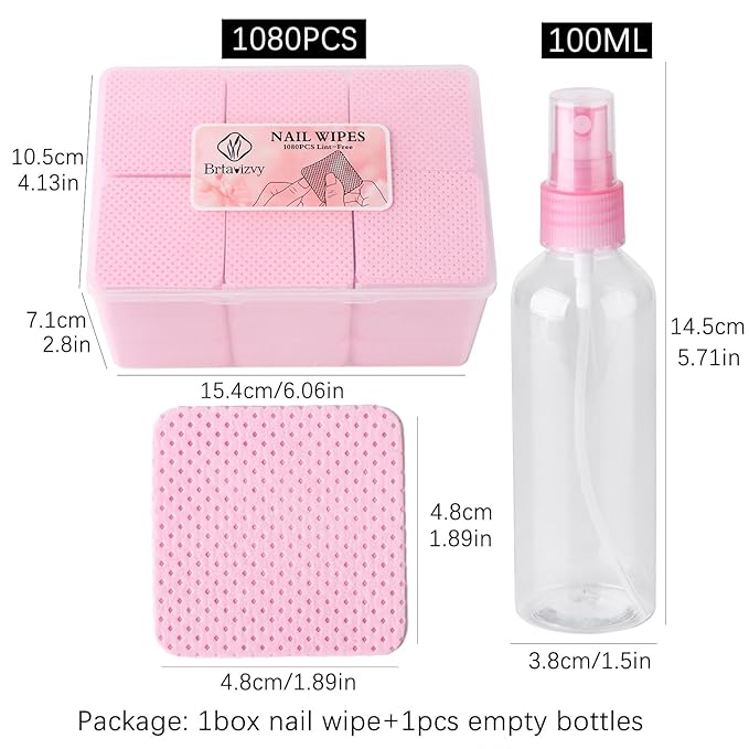 Lint-Free Nail Wipes With 100ML Empty Spray Bottle Set,1080pcs Pink Non-Woven Fabric Dry Nail Prep Skin Nail Polish Remover Wipes Nail Cleaning Pads Eyelash Extension Glue Wipes Paper
