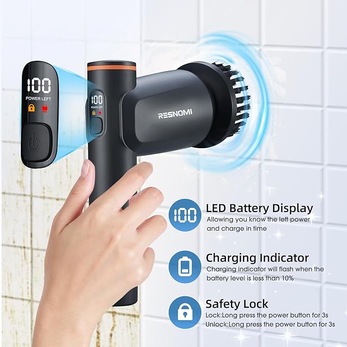 Electric Spin Scrubber,Cordless Shower Scrubber with LCD Display,2 Speeds Electric Scrubber with 6 Replaceable Heads,Handheld Cleaning Brush for Kitchen/Bathroom/Tile/Tub(Gray-Black)