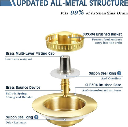 Kitchen Sink Drain Strainer 2 Pack, 304 Stainless Steel Pop Up Sink Stopper, Anti-Clogging Sink Drain Strainer for US Standard Kitchen Drain (Gold)
