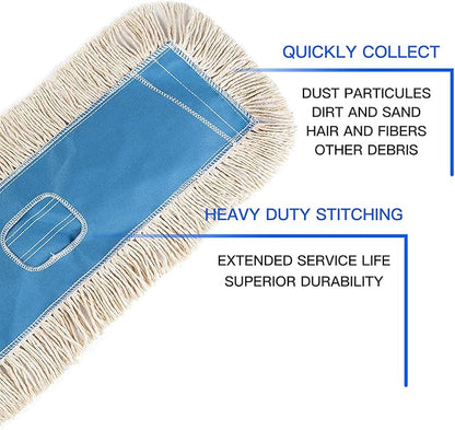 Matthew Cleaning 24'' Industrial Strength Cotton Dust Mop Refill Washable Replacement Heads for Residential & Commercial Use Fit Standard Dust Mop Frames, Hardwood,Concrete Floors Blue&White 3 Pack