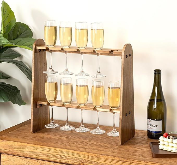 MyGift 2 Tier Champage Glass Holder, Cocktail Tree Stand for Drinks, Tabletop Wine Beer Flute Rack Party Stemware Hanging Display, 10 Slots for 9 Inch Glasses, Rustic Premium Solid Acacia Wood