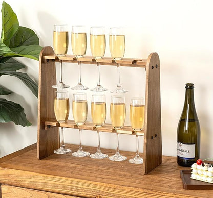 MyGift 2 Tier Champage Glass Holder, Cocktail Tree Stand for Drinks, Tabletop Wine Beer Flute Rack Party Stemware Hanging Display, 10 Slots for 9 Inch Glasses, Rustic Premium Solid Acacia Wood