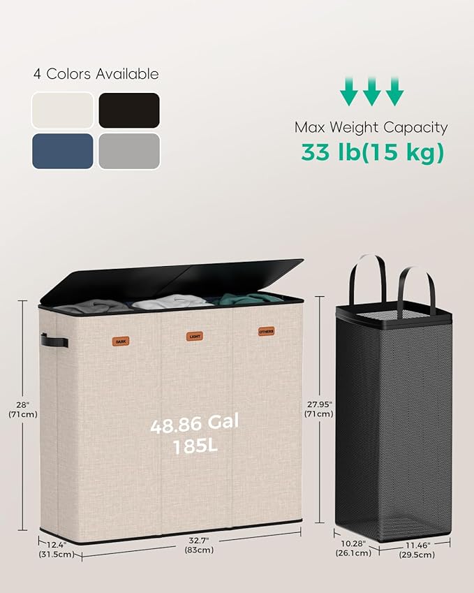 185L Laundry Hamper with Lid, 3 Section Laundry Sorter, Dirty Clothes Hamper with 3 Removable Bags, Extra Large Collapsible Laundry Basket for Home, Laundry Room