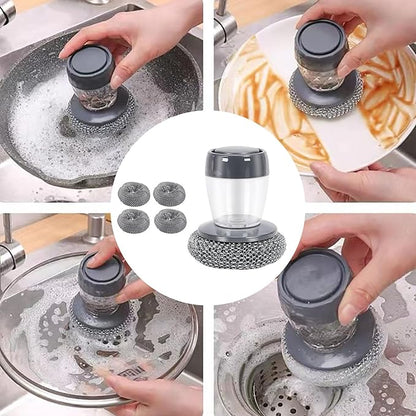 Soap Dispensing Dish Brush with Replaceable Nylon Balls, Comfort Grip Handle for Kitchen Scrub - Built-in Soap Dispenser for Cleaning Dishes, Pots, Pans, Sinks & Bathtubs (1+5pcsballs)