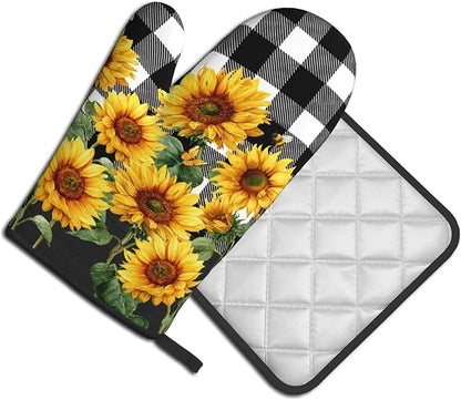 Sunflower Oven Mitts and Pot Holders Sets of 2 Buffalo Plaid Kitchen Mitts Farmhouse Hot Pads for Cooking Baking Grilling