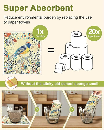 Miss Adola Swedish Dishcloths for Kitchen - 5 Pack Reusable Dish Cloths for Washing Dishes Absorbent Cute Funny Kitchen Towels Cleaning Sponge, Flower Bird