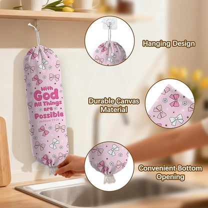 Pink Bow Plastic Bag Holder, Wall Mount Organizer for Reusable Canvas Grocery Bags, Decorative Home Kitchen Pantry Decor Hanging Bag Dispenser, Christian Shopping Bags Storage Dispenser