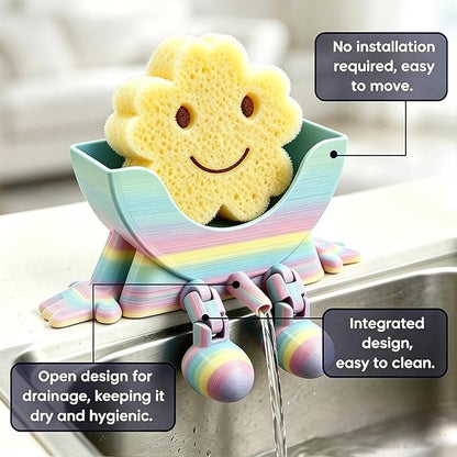Creative Hanging Sponge Holder with Drainage/Traceless Glue, 3D Printing Countertop Funny Sponge Holders for Kitchen Sink, Keeps Your Sponge Dry & Smiling, for Scrub Daddy Holder (1, Gradient Random)