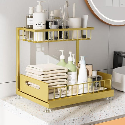 Saydear Under Sink Organizer Storage 2-Tier Premium Metal Pull-Out Kitchen Cabinet Organizer with Sliding Drawer, Height Adjustable, Heavy Duty for Kitchen & Bathroom Organizers 1 Pack Gold