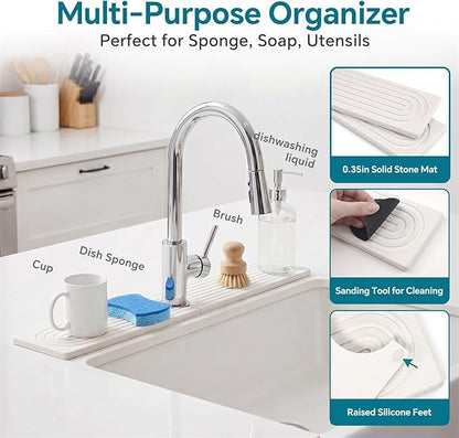 Stone Faucet Mat for Kitchen Sink-Diatomite Drying Stone Mat& Sink Protector,Quick Dry Water Absorbing Stone Tray ,Sink Splash Guard for Kitchen Counter & Bathroom Counter(White, 23.6"X3.9")