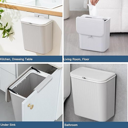 2.4 Gallon Kitchen Compost Bin for Counter Top or Under Sink, Hanging Small Kitchen Trash Can with Lid, Wall Mounted Waste Basket Bin Garbage Can for Bathroom (Grey)