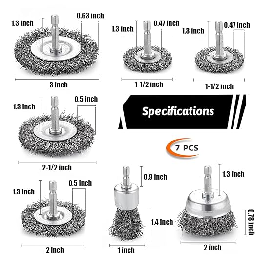 Double Elite 7 Pcs Wire Cup Brush for Drill, 1/4 Inch Hex Shank Abrasive Wire Wheel for Drill, Drill Wire Brush Attachments Set Coarse Crimped Carbon Steel for Home Use, Rust Removal, Polishing