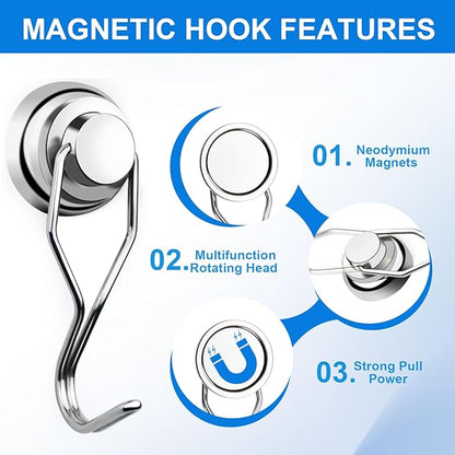 E BAVITE Magnetic Hooks,80LB+ Magnet Hooks Heavy Duty with Swivel Swing 10 Pack Strong Neodymium Magnetic Hook for Cruise Cabins Refrigerator Hanging Garage Workshop Office and Kitchen Silver