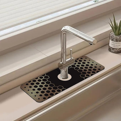 Sink Splash Guard Faucet Mat Black Gold Honeycomb Absorbent Fast Drying Mat Sink Gadgets Splash Guard Behind Faucet Drip Catcher for Kitchen Bathroom 15.5"X5.5"