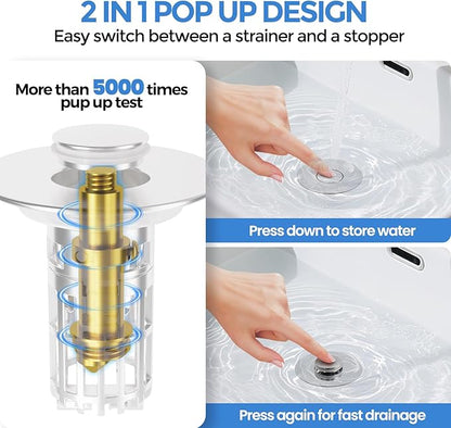 zaa Bathroom Sink Drain Strainer - (2 Pc) 3 in 1 Sink Stopper Bathroom Drain with Removable Filter Basket for Easy Clean, Pop Up Sink Drain Stopper for 1.1'' to 1.6'' Basin, Brass Core, 10000+ Tested