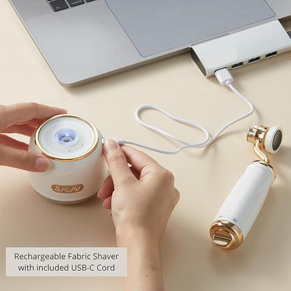 SALAV® Retro Edition Rechargeable Fabric Shaver and Lint Roller with 6-Blade System Removes Fuzz and Piling on Fabrics, with Charging Cable and Mini Brush (Pearl)