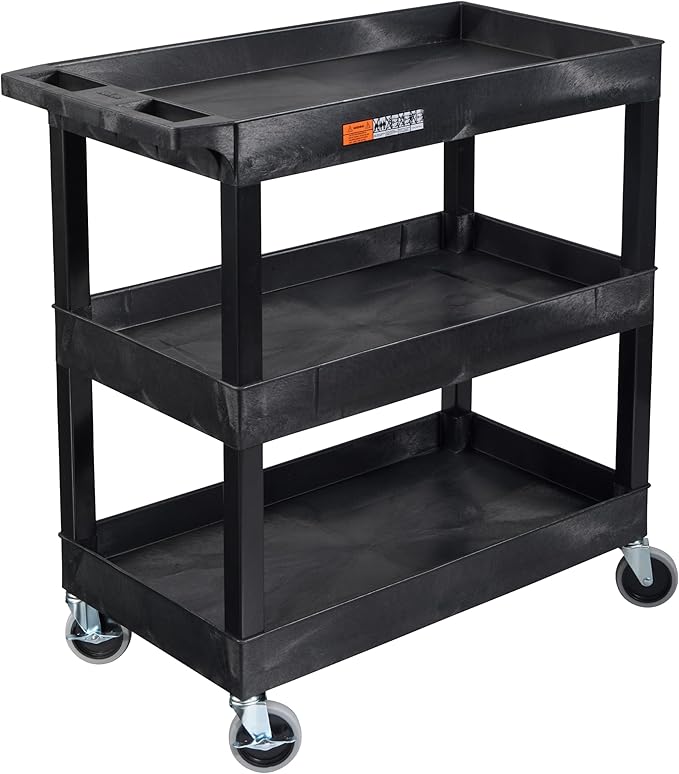 Tubstr 3-Tier Rolling Utility Cart with Wheels | Supports 300 lbs. Total | Heavy-Duty Capacity for Garage Storage, Office Spaces, & Kitchen Use | Durable Tool Cart with Locking Wheels (Black, 32 x 18)