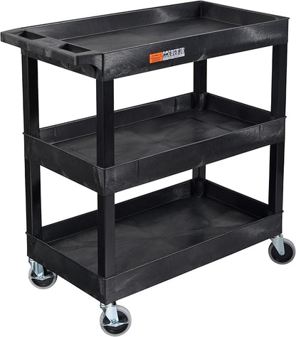 Tubstr 3-Tier Rolling Utility Cart with Wheels | Supports 300 lbs. Total | Heavy-Duty Capacity for Garage Storage, Office Spaces, & Kitchen Use | Durable Tool Cart with Locking Wheels (Black, 32 x 18)