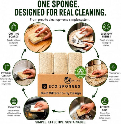 Eco Kitchen Sponges - Plant Based Cellulose & Natural Loofah Scrub Sponge - Biodegradable Dish Sponge - 6 Pack - by Janté Co.