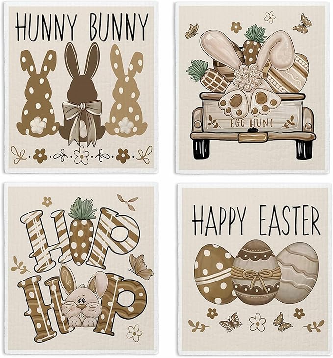 Swedish Dishcloths for Kitchen, Easter Bunny Dish Rags Kitchen Dish Towels for Washing Dishes, 4 Pack Reusable Paper Towels, Sponge Cloths for Home Cleaning Baking Cooking
