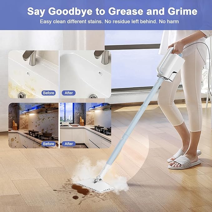 6-in-1 Steam Mop, 1200W Rotated Steam Cleaner for Home, 2 Modes, 400ML Removable Tank, 23FT Power Cord, 2 Pads, Multi-Surface Steamer for Hard Floor, Laminate Floor, Tiles Cleaning (Light Blue)