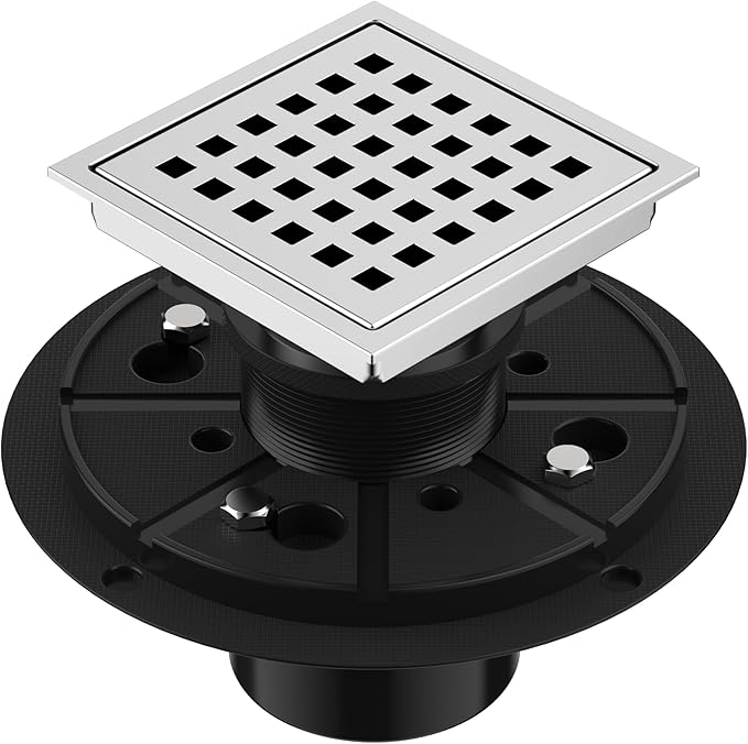 EXF Square Shower Drain 4-3/8 Inch Chrome, Stainless Steel Shower Floor Drain Kit with ABS Flange, Removable Cover Grid Grate, Hair Strainer