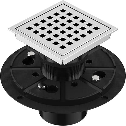 EXF Square Shower Drain 4-3/8 Inch Chrome, Stainless Steel Shower Floor Drain Kit with ABS Flange, Removable Cover Grid Grate, Hair Strainer