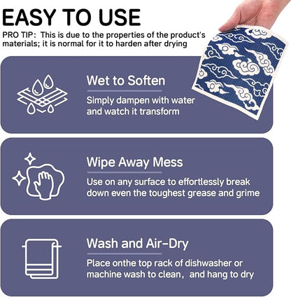 Swedish Dishcloths for Kitchen - 4 Pack Japanese Pattern Reusable Paper Towels, Non-Scratch Cellulose Cloths, No Odor, Biodegradable Cleaning Cloths