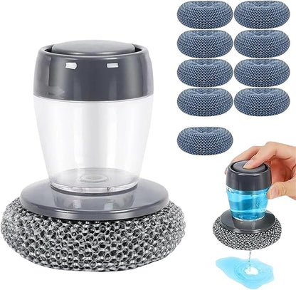 Comfort Grip Soap Dispensing Kitchen Scrub, Dish Brush with Soap Dispenser, Steel Wool Scrubber for Dishes Pans Kitchen Sink Bathtub Tile and Household (1pc-10)