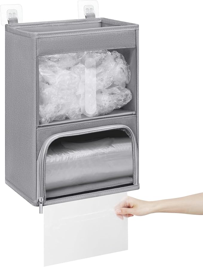 2-in-1 Plastic Bag Holder with Clear Window, Large Grocery Bag Holder and Trash Bag Dispenser with Easy-Access Openings, Plastic Bag Organizer for Kitchen RV Cabinet Wall Mounted (Gray)