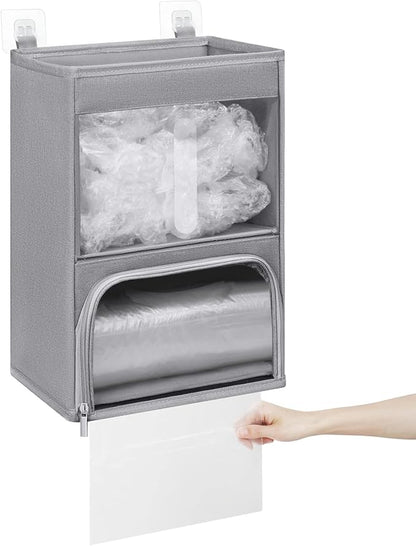2-in-1 Plastic Bag Holder with Clear Window, Large Grocery Bag Holder and Trash Bag Dispenser with Easy-Access Openings, Plastic Bag Organizer for Kitchen RV Cabinet Wall Mounted (Gray)