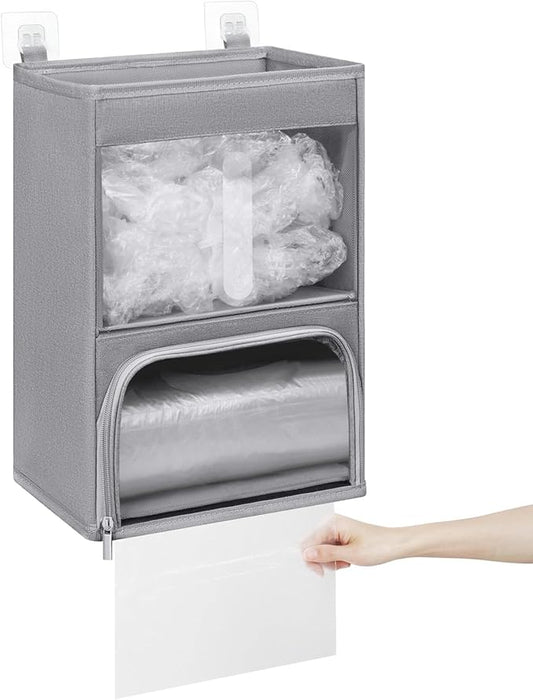 2-in-1 Plastic Bag Holder with Clear Window, Large Grocery Bag Holder and Trash Bag Dispenser with Easy-Access Openings, Plastic Bag Organizer for Kitchen RV Cabinet Wall Mounted (Gray)