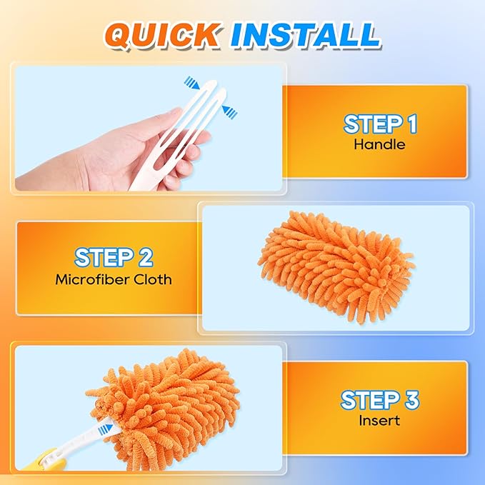 Reusable Duster Refill for Swiffer Hand Duster, 360 Degree Duster Refills for Spring Cleaning, Ceiling Fan, Orange Yellow, 3+3 Pack (Handle is Not Included)