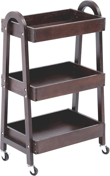 3-Tier Wooden Rolling Cart- Wooden Utility Cart wit Wheels- Utility Rolling Cart-Storage Trolley Organizer- Rolling Kitchen Cart Serving Cart for Office,Kitchen, Kids' Room (Walnut Color)