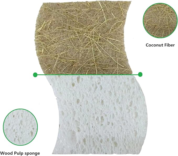UCCO Eco Friendly Biodegradable Kitchen Sponges 12 Pack – Natural Compostable Cellulose with Coconut Scrubber – Sustainable Zero Waste Dish Sponges Set