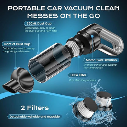 Handheld Vacuum Cordless, Portable Car Vacuum with LED Light,Rechargeable Small Vacuum Cleaner with Powerful Suction,Lightweight Vacuum Cleaner for Car Home Office Pet Hair,Black