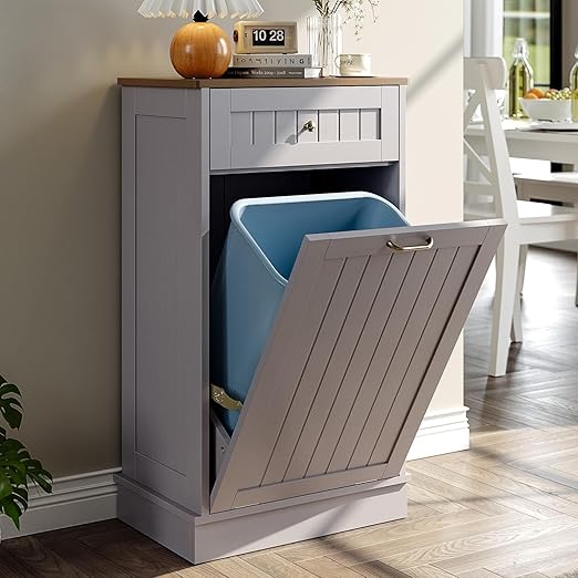LOUVIXA Tilt Out Trash Can Cabinet, Hidden Trash Cabinet with Drawer, Wooden Dog Proof Trash Can Holder, Tilt Out Laundry Hamper, Garbage Can Holder (Gray)