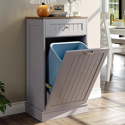 LOUVIXA Tilt Out Trash Can Cabinet, Hidden Trash Cabinet with Drawer, Wooden Dog Proof Trash Can Holder, Tilt Out Laundry Hamper, Garbage Can Holder (Gray)