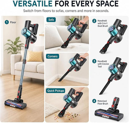 Cordless Vacuum Cleaner, Stick Vacuum for Pet Hair & Hardwood Floor, Self-Standing Rechargeable Vacuum with Smart LED Display, Lightweight Battery Powered Vacuum for Home, Dorm, & Dog Hair-Aqua