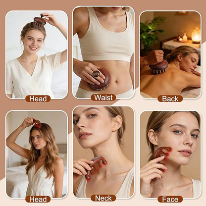 ProSuites 6 in 1 Set Wooden Head Scalp Massager Comb Tool Hair Gua Sha Comb with 6 OZ Hair Oil Applicator Bottle Spray Bottle for Relaxation