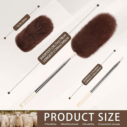Extendable Lambswool Duster Stainless Steel Handle 133" Removable Feather Duster for Cleaning Ceiling Fans Interior Roof Furniture, Brown