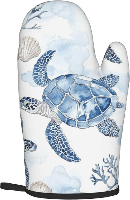 Navy Blue Ocean Sea Turtle Oven Mitts and Pot Holders Sets of 2 Summer Gift for Cooking Enthusiasts Coastal Beach Nautical Coral Kitchen Gloves for Baking BBQ Cooking Grilling Decor